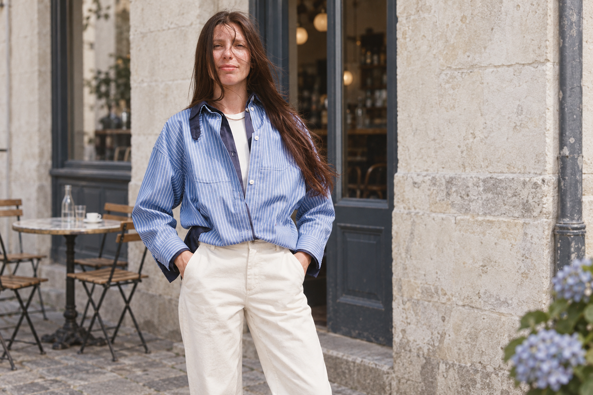Chemise Palm Bleu Blanc à rayures portée avec un pantalon écru devant une façade en pierre.
