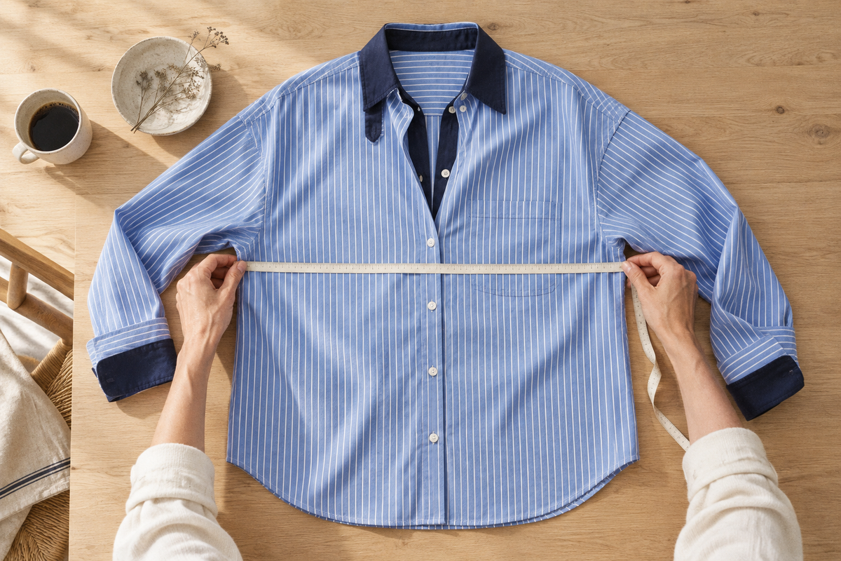 Mesure à plat de la largeur de la chemise Palm Bleu Blanc avec un mètre ruban sous les emmanchures.