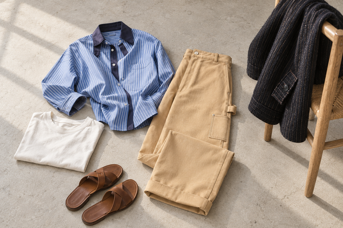 Chemise Palm rayée, pantalon Longboard Sable et veste Surfer réunis dans une composition de vestiaire.