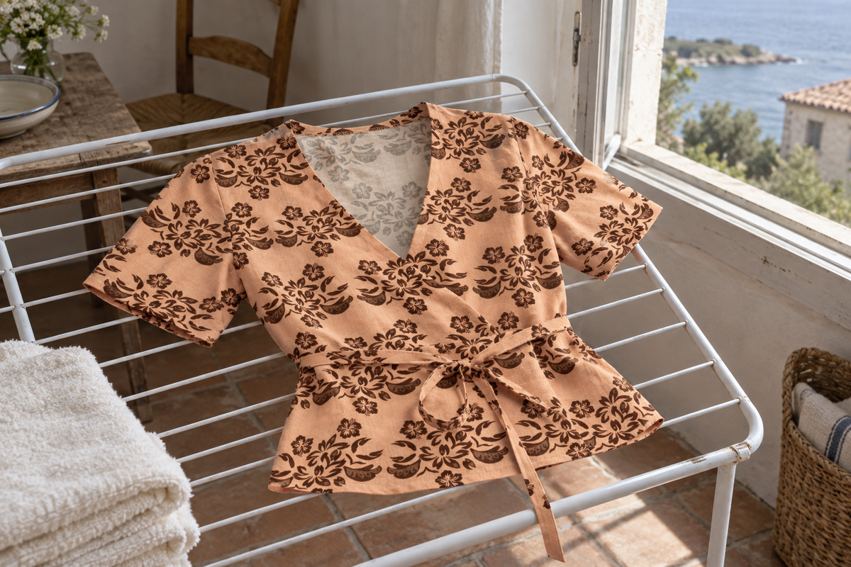 Blouse Huitre Tahiti Sun étendue à plat sur un séchoir près d’une fenêtre lumineuse.