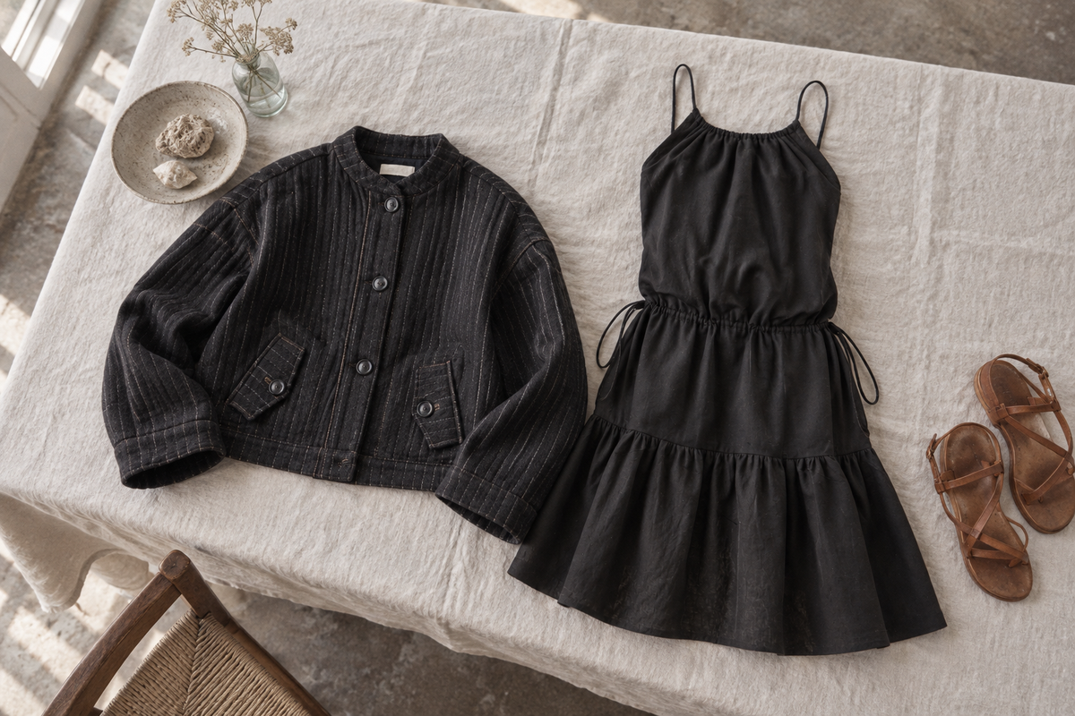 Composition d’une veste Surfer Denim et d’une robe Homard noire, avec des sandales cognac.