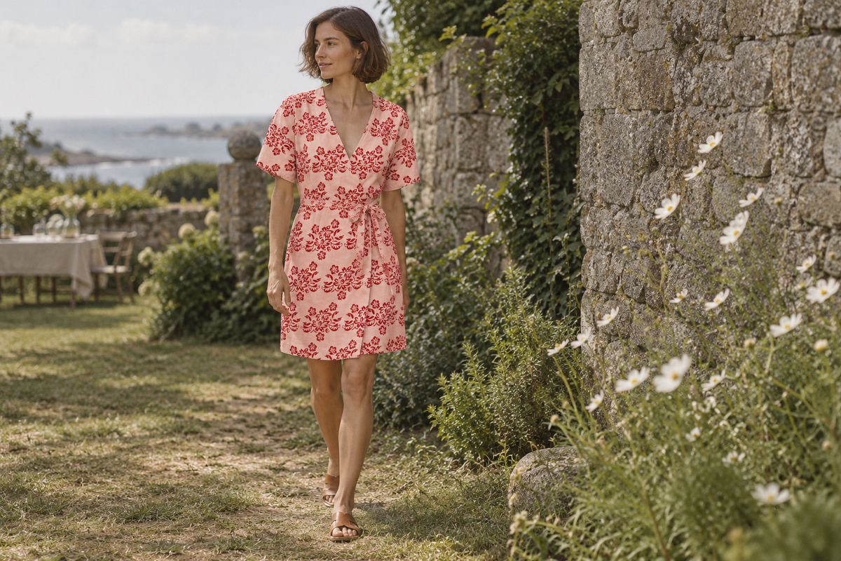 Robe portefeuille Licorne Tahiti Blush portée avec des sandales dans un jardin de bord de mer.