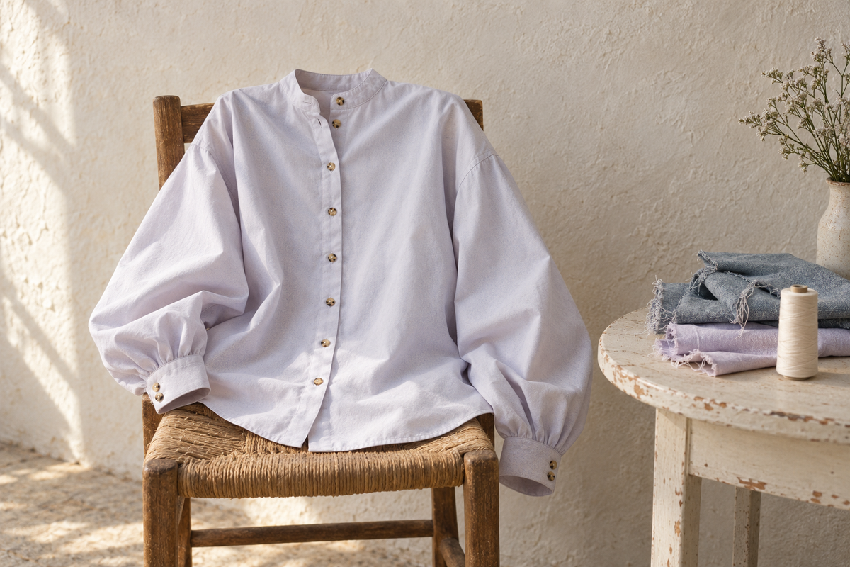 Blouse Belle Lavande présentée sur une chaise près de coupons de tissu, dans une composition éditoriale.
